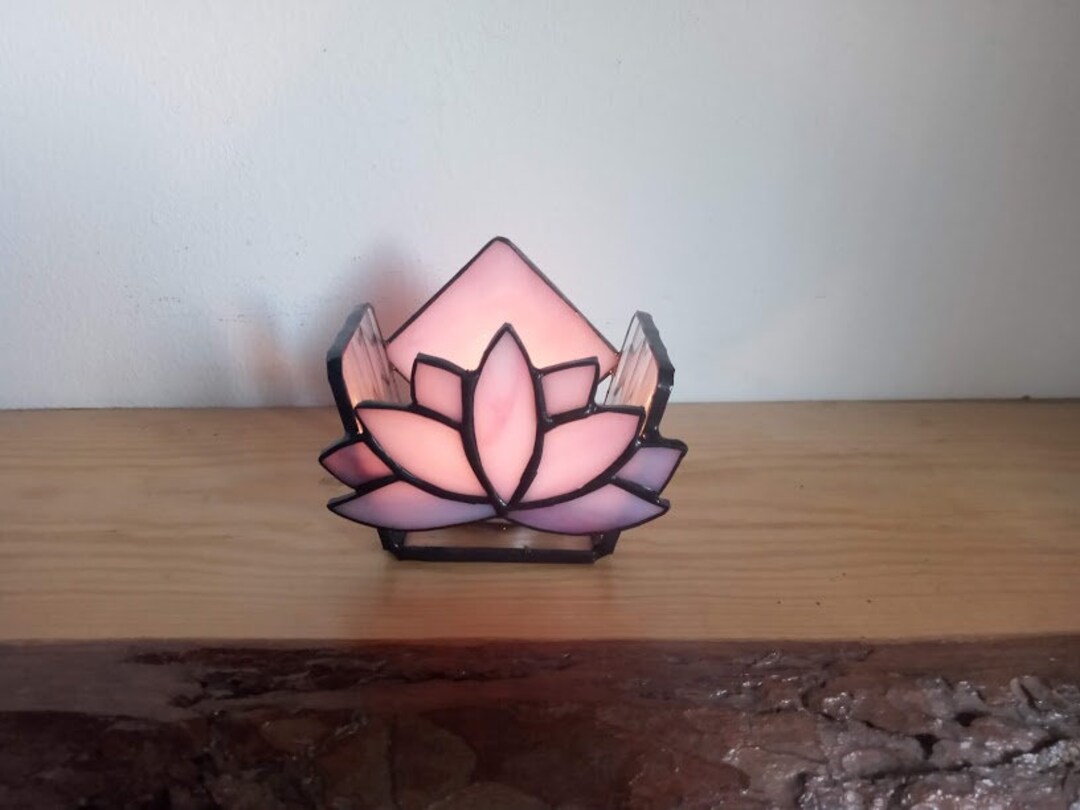 Pink Lotus Flower Candle Holder, Stained Glass Tiffany Glass Lotus