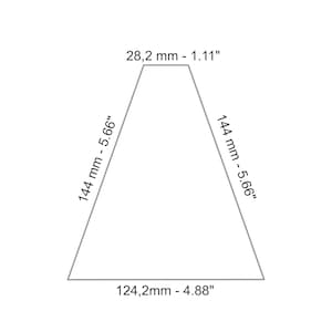 May include: A gray triangle with measurements in inches and millimeters. The base of the triangle is 4.88 inches or 124.2 millimeters, the height is 5.66 inches or 144 millimeters, and the top is 1.11 inches or 28.2 millimeters.