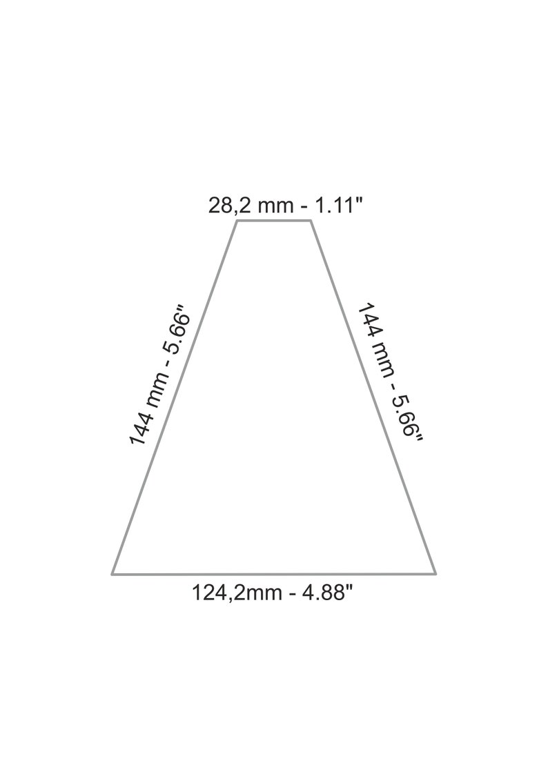 May include: A gray triangle with measurements in inches and millimeters. The base of the triangle is 4.88 inches or 124.2 millimeters, the height is 5.66 inches or 144 millimeters, and the top is 1.11 inches or 28.2 millimeters.