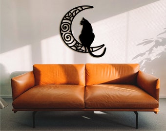 Cat and Moon Wood Wall Art: Laser Cut Home Decor