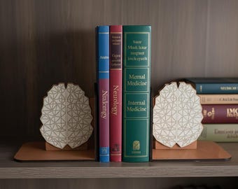 Anatomical Brain Bookends - Modern Wood Art, Psychologist Gift, Digital Brain Artwork