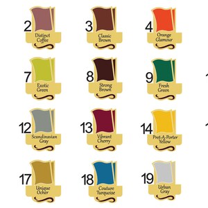 Op de afbeelding: Een kaart met 19 kleurstalen, elk met een nummer en een beschrijvende naam. De kleuren vari&euml;ren van wit tot zwart, met tinten bruin, groen, rood, grijs en blauw. De kaart is een gids voor verschillende kleuren.