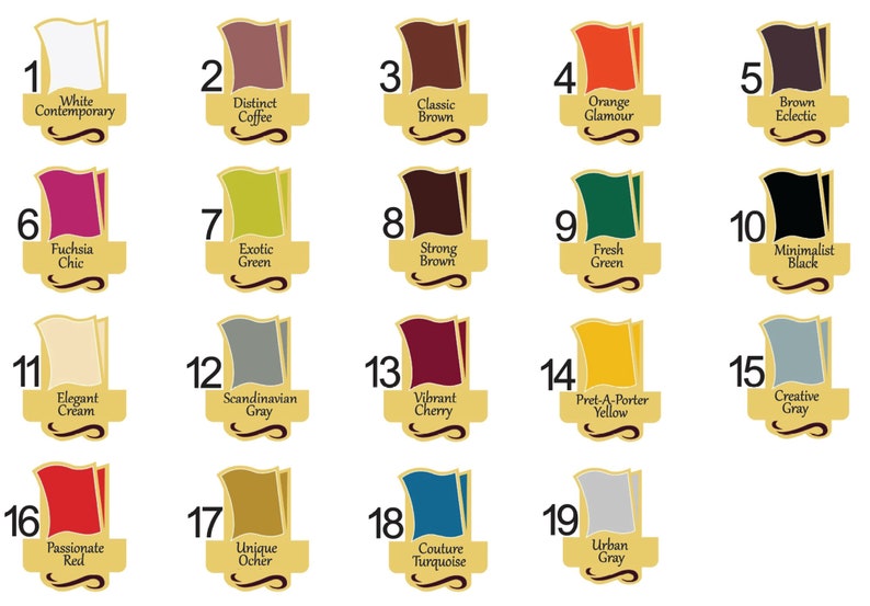 Op de afbeelding: Een kaart met 19 kleurstalen, elk met een nummer en een beschrijvende naam. De kleuren vari&euml;ren van wit tot zwart, met tinten bruin, groen, rood, grijs en blauw. De kaart is een gids voor verschillende kleuren.
