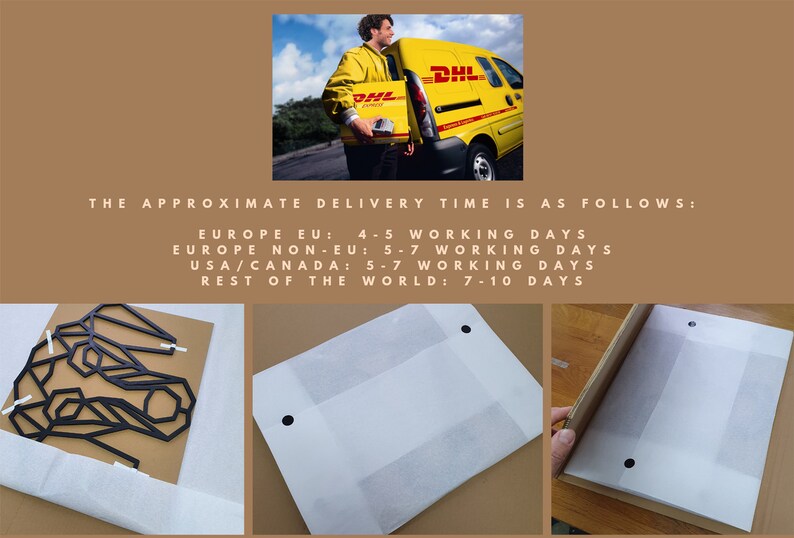 May include: A black metal geometric wall art piece is being packaged for shipping. The art is wrapped in white tissue paper and placed in a cardboard box. The box is sealed with black tape. The image also shows a DHL delivery truck and a DHL employee carrying a package. The text on the image reads: "THE APPROXIMATE DELIVERY TIME IS AS FOLLOWS: EUROPE EU: 4-5 WORKING DAYS EUROPE NON-EU: 5-7 WORKING DAYS USA/CANADA: 5-7 WORKING DAYS REST OF THE WORLD: 7-10 DAYS"