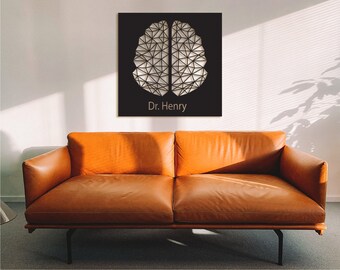 May include: A black and white geometric brain design on a black background with the text "Dr. Henry" in gold lettering.