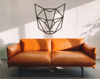 Decoración de pared con cabeza de gato geométrica: Arte animal de madera