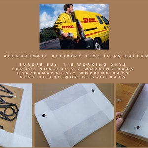 May include: A black metal geometric wall art piece is being packaged for shipping. The art is wrapped in white tissue paper and placed in a cardboard box. The box is sealed with black tape. The image also shows a DHL delivery truck and a DHL employee carrying a package. The text on the image reads: "THE APPROXIMATE DELIVERY TIME IS AS FOLLOWS: EUROPE EU: 4-5 WORKING DAYS EUROPE NON-EU: 5-7 WORKING DAYS USA/CANADA: 5-7 WORKING DAYS REST OF THE WORLD: 7-10 DAYS"