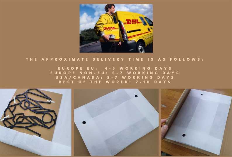 May include: A black metal geometric wall art piece is being packaged for shipping. The art is wrapped in white tissue paper and placed in a cardboard box. The box is sealed with black tape. The image also shows a DHL delivery truck and a DHL employee carrying a package. The text on the image reads: "THE APPROXIMATE DELIVERY TIME IS AS FOLLOWS: EUROPE EU: 4-5 WORKING DAYS EUROPE NON-EU: 5-7 WORKING DAYS USA/CANADA: 5-7 WORKING DAYS REST OF THE WORLD: 7-10 DAYS"