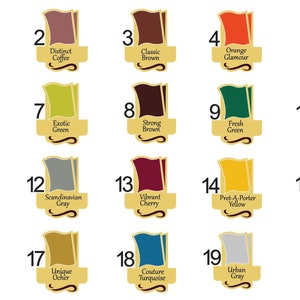 May include: A chart with 19 color swatches, each with a number and a descriptive name. The colors range from white to black, with shades of brown, green, red, gray, and blue. The chart is a guide to different paint colors.