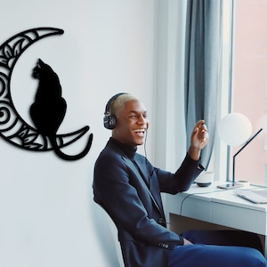 Cat and Moon Wood Wall Art: Laser Cut Home Decor