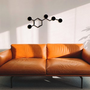 Puede incluir: Un sofá de cuero marrón con un marco de metal negro se encuentra frente a una pared blanca con una escultura de pared geométrica de metal negro.