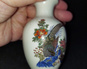 Vintage Miniature Oriental Bud Vase Made In Japan Pheasants & Flowers Mini Mid-Century Modern