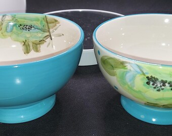 Set of 2 Pioneer Woman  6&quot; Footed Cereal Soup Bowls Vintage Bloom Dots Flowers