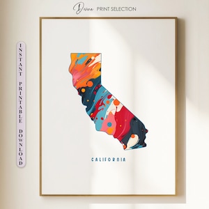 Affiche de la Californie, carte de la Californie, carte de l'État de Californie, impression d'art coloré, impression de carte Illustration, carte des Etats-Unis, Art mural déco imprimable