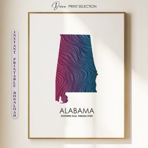 Carte de l'Alabama, impression imprimable, carte de l'AL, carte de l'état des États-Unis, art mural de l'Alabama, cadeau pour elle, décoration du 4 juillet, impression de carte personnalisée, carte de l'Alabama, peinture déco