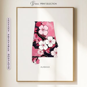 Carte de l'État de l'Alabama, impression d'art mural, décoration de salon, carte de l'Alabama, affiche imprimable, impression d'art floral, carte de l'Alabama, cadeau pour les couples