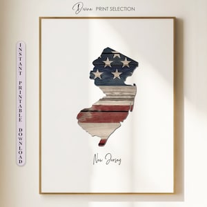 New Jersey State kaart afdrukken New Jersey Wall Art Amerikaanse vlag patriottische afdrukken USA New Jersey kaart Poster rustieke land Decor moderne kunst aan de muur