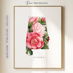 Carte de l'Alabama, impression d'art mural, décoration de salon, carte de l'Alabama, affiche numérique imprimable, impression florale, carte de l'Alabama, cadeau pour les couples