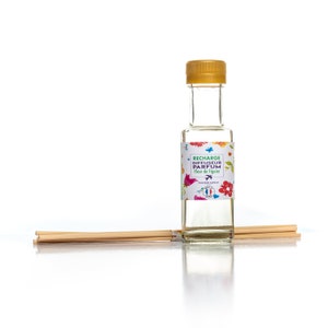Può includere: Una bottiglia di vetro trasparente con un tappo dorato e un'etichetta colorata che recita "Recharge Diffuseur Parfum Fleur de Figuier" con una piccola bandiera francese. La bottiglia è piena di un liquido trasparente e si trova su una superficie bianca. Nell'immagine sono presenti anche bastoncini di legno.