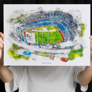 May include: A watercolor painting of Kauffman Stadium, home of the Kansas City Royals baseball team. The stadium is shown from an aerial view, with the field and stands visible. The painting is in a blue, green, and white color scheme.