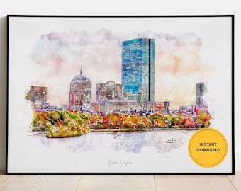 Boston Skyline Watercolour Wall Decor, Boston Massachusetts Cityscape Art Print, Printable Wall Art, Instant Download