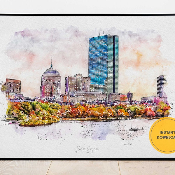 Boston Skyline Watercolour Wall Decor, Boston Massachusetts Cityscape Art Print, Printable Wall Art, Instant Download