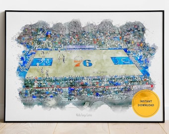 May include: A watercolor illustration of a basketball court with a crowd of people in the stands. The court is labeled "Philadelphia" and features the number "76" in the center. The text "Wells Fargo Center" is at the bottom of the image.