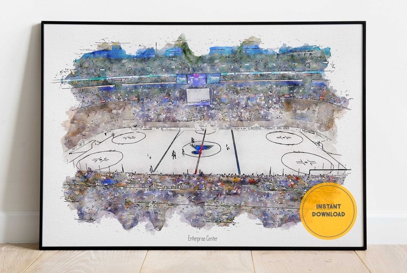 May include: A watercolor painting of an ice hockey arena, the Enterprise Center, with a blue and white logo on the ice. The arena is filled with spectators, and the image has a faded, vintage look.