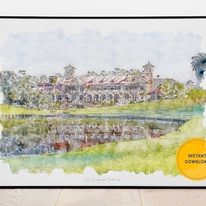 Può includere: Un dipinto ad acquerello di un grande edificio con uno stagno di fronte. L'edificio ha un tetto rosso e pareti bianche. Lo stagno è circondato da erba verde. Il testo "Top 5 Signature Golf Courses" è in basso nell'immagine.