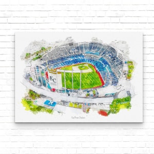 May include: A watercolor painting of Kauffman Stadium, home of the Kansas City Royals baseball team. The stadium is shown from an aerial view, with the field and surrounding seating visible. The painting is in a blue, green, and white color scheme.