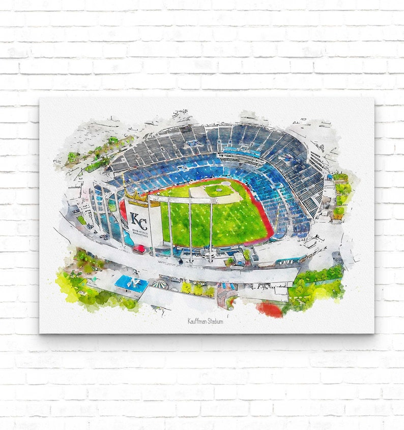 May include: A watercolor painting of Kauffman Stadium, home of the Kansas City Royals baseball team. The stadium is shown from an aerial view, with the field and surrounding seating visible. The painting is in a blue, green, and white color scheme.