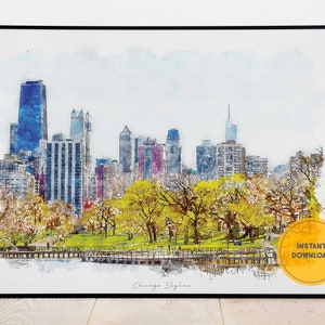 Chicago Skyline Print, Chicago Cityscape Print, Illinois Cityscape Travel Poster, Printable Wall Art, Instant Download