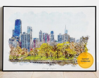 Chicago Skyline Print, Chicago Cityscape Print, Illinois Cityscape Travel Poster, Printable Wall Art, Instant Download