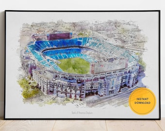May include: A watercolor illustration of Bank of America Stadium in Charlotte, North Carolina. The stadium is shown from an aerial view, with the field and seating visible. The illustration is in shades of blue, green, and brown.