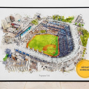 Könnte beinhalten: Ein Aquarellgemälde des Progressive Field, einem Baseballstadion in Cleveland, Ohio. Das Bild zeigt eine Luftaufnahme des Stadions, mit dem Spielfeld in der Mitte und den umliegenden Tribünen. Das Gemälde ist in einem leichten und luftigen Stil gehalten, mit Fokus auf die Details des Stadions.
