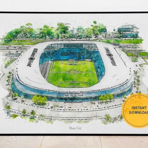 May include: A watercolor illustration of Allianz Field, a soccer stadium in Saint Paul, Minnesota. The stadium is surrounded by trees and a parking lot. The words "Allianz Field" are written at the bottom of the image.