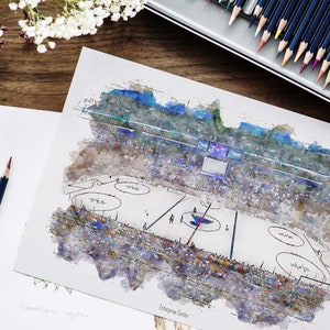 May include: A watercolor painting of a hockey arena with a blue and white ice rink. The arena is filled with spectators and the text "Enterprise Center" is visible at the bottom of the image.