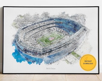 Póster de los New York Jets, lámina del estadio MetLife, arte mural de fútbol americano vintage, decoración de pared, regalo para padrinos de boda, arte mural imprimible
