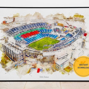 May include: A watercolour painting of Gillette Stadium, a large outdoor sports stadium with a green pitch and blue and red seating. The stadium is surrounded by a white background with a yellow circle that says "Instant Download".