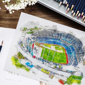 May include: A watercolor painting of Kauffman Stadium, home of the Kansas City Royals baseball team. The stadium is shown from an aerial view, with the field and seating areas visible. The painting is done in a light and airy style, with a focus on the stadium's architecture and the surrounding landscape.