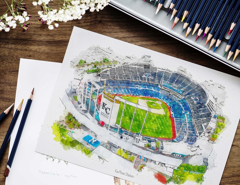 May include: A watercolor painting of Kauffman Stadium, home of the Kansas City Royals baseball team. The stadium is shown from an aerial view, with the field and seating areas visible. The painting is done in a light and airy style, with a focus on the stadium's architecture and the surrounding landscape.
