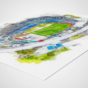 May include: A watercolor illustration of a baseball stadium with a green field, blue seats, and a red and white 'KC' logo. The stadium is surrounded by a green and yellow landscape.