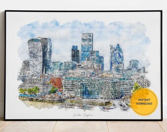 Paisaje urbano de Londres, Inglaterra, decoración de pared, impresión artística de Londres, arte imprimible, descarga instantánea