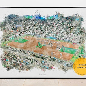 Puede incluir: Una pintura de acuarela de un partido de baloncesto en un estadio. La cancha es marrón con líneas verdes y un logotipo verde y blanco en el centro. Las gradas están llenas de gente. El texto "Fiserv Forum" está en la parte inferior de la imagen.
