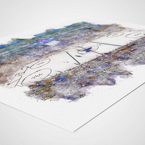May include: A watercolor painting of a hockey rink with a crowd of people in the stands. The rink is outlined in black and white, and the crowd is a blur of colors. The painting has a vintage feel.