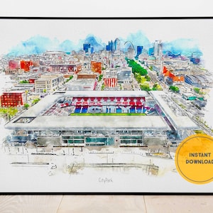 以下が含まれることがあります： 街にあるスタジアムの水彩画。スタジアムは建物と木々に囲まれています。スタジアムは緑のフィールドと赤と青の屋根を持っています。絵は黒い額縁に入っています。絵の下には「CityPark」という文字があります。