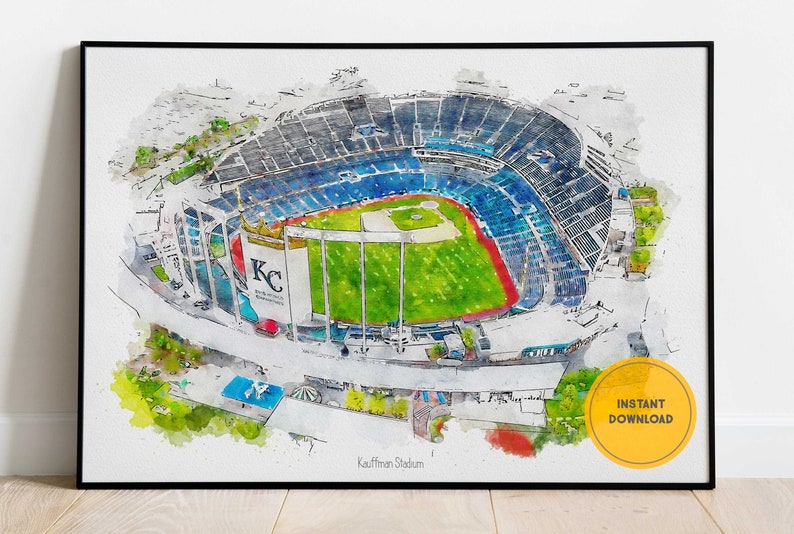 May include: A watercolor painting of Kauffman Stadium, home of the Kansas City Royals baseball team. The stadium is shown from an aerial view, with the field and seating areas visible. The painting is in a black frame.