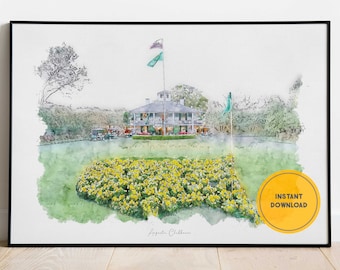 May include: A watercolor painting of the Augusta National Golf Club clubhouse with a yellow flower bed shaped like the United States. The text "Augusta National" is written below the flower bed. The words "INSTANT DOWNLOAD" are written in a yellow circle in the lower right corner of the image.