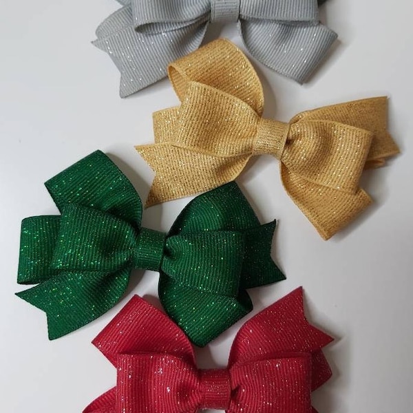 Glitter Hair Bow, Red, Green, Gold and Silver Glitter Hair Bow, 3 Inch Christmas Hair Bow, Girls Hair Bows, Toddler Hair Bows, Baby Headband