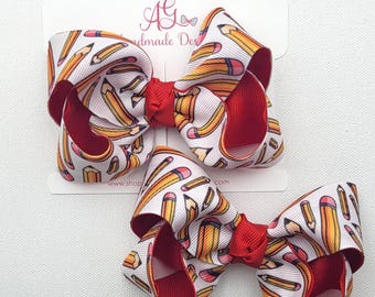 Back to School Pigtail Hair Bows | Pencil Print Hair Bow Set | 4" Boutique Bows | School Girl Pigtails | Boutique Hair Bow